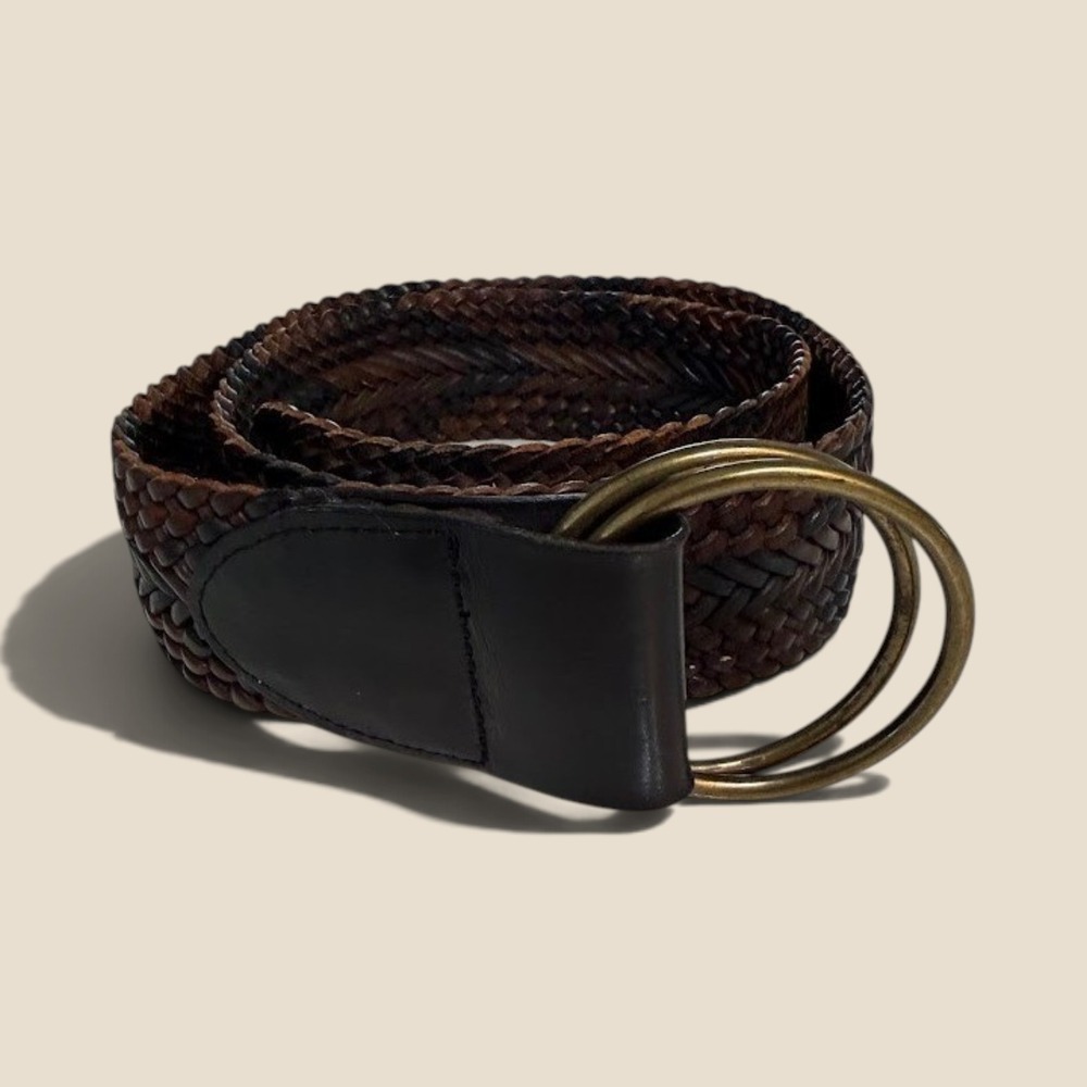 Talbots Woven Leather Belt Brown Braided Double O-Ring Buckle Wide Boho Large